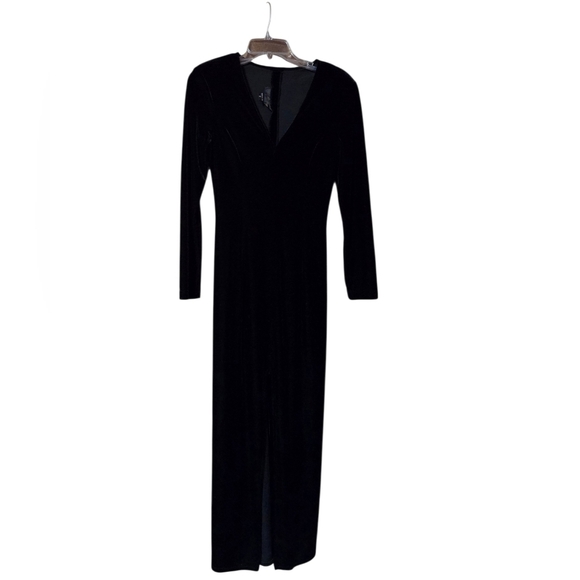 Scott McClintock Dresses & Skirts - Vtg Scott McClintock Velvet Maxi Dress Black V Neck Front Slit Form Fitting Sz 6